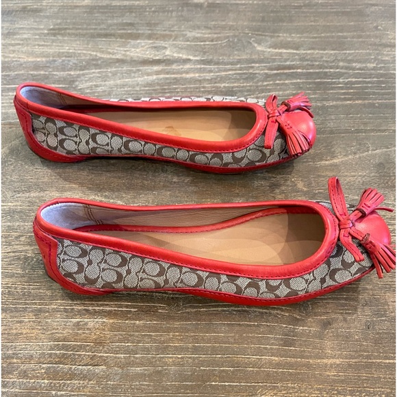 Coach Ballet Flats - Orange Leather w/ signature COACH Brown/Tan Canvas - Picture 2 of 7